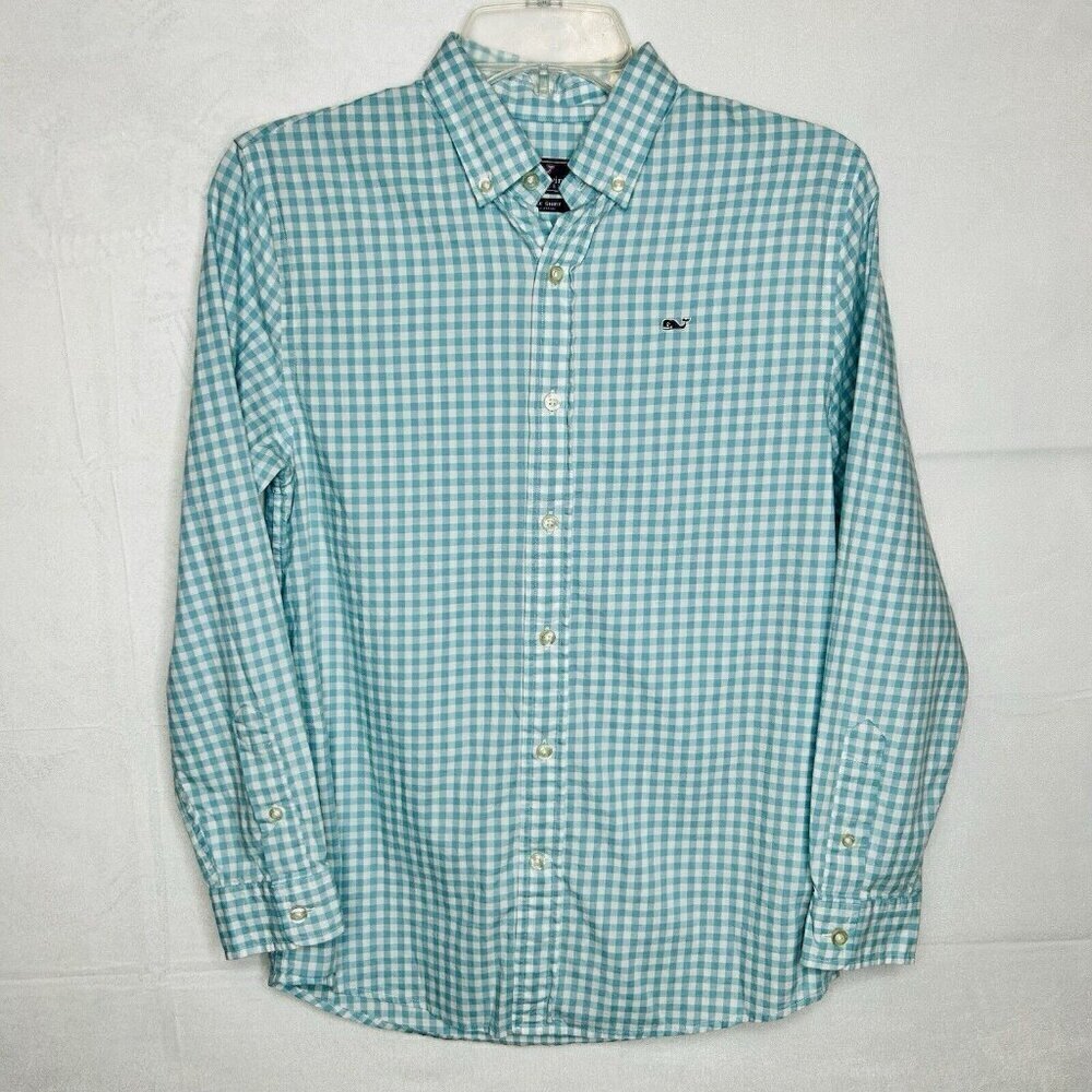 Vineyard Vines Button Down Check Whale Shirt Boy’s Size M (12-14) Aqua/White